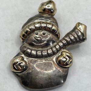 Vintage MJ signed silver tone snowman figural pendant brooch